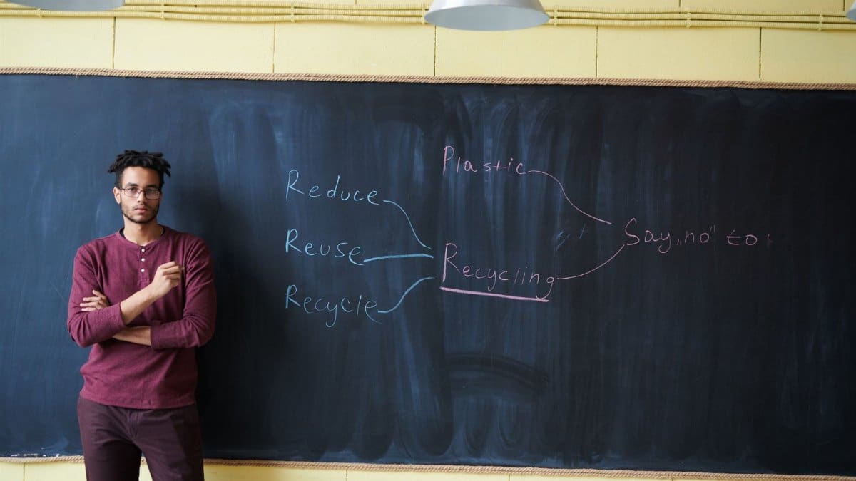 Educator standing by a blackboard with a recycling mind map in a classroom setting.