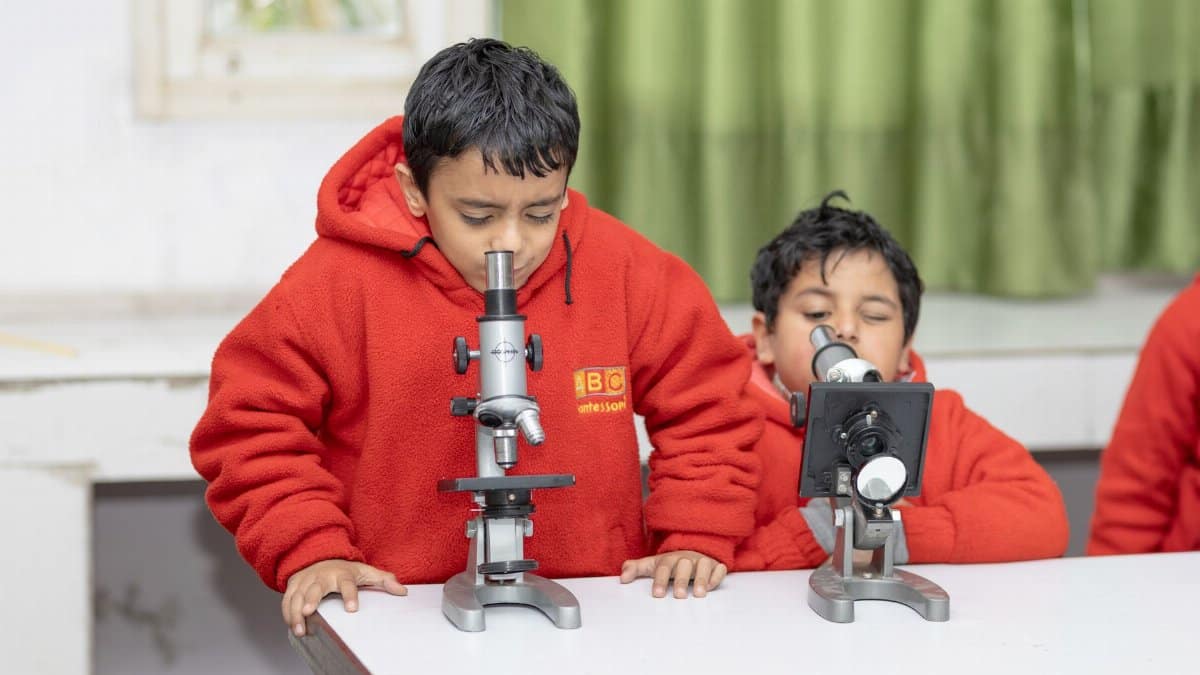 Two children in red hoodies using microscopes in a classroom setting, focusing on scientific exploration.