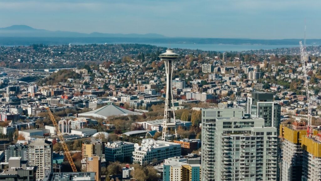 Aerial view of Seattle's skyline featuring the iconic Space Needle.