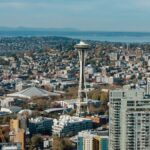Aerial view of Seattle's skyline featuring the iconic Space Needle.