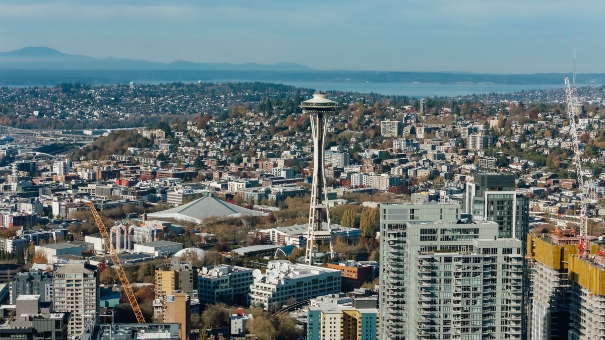 Aerial view of Seattle's skyline featuring the iconic Space Needle.