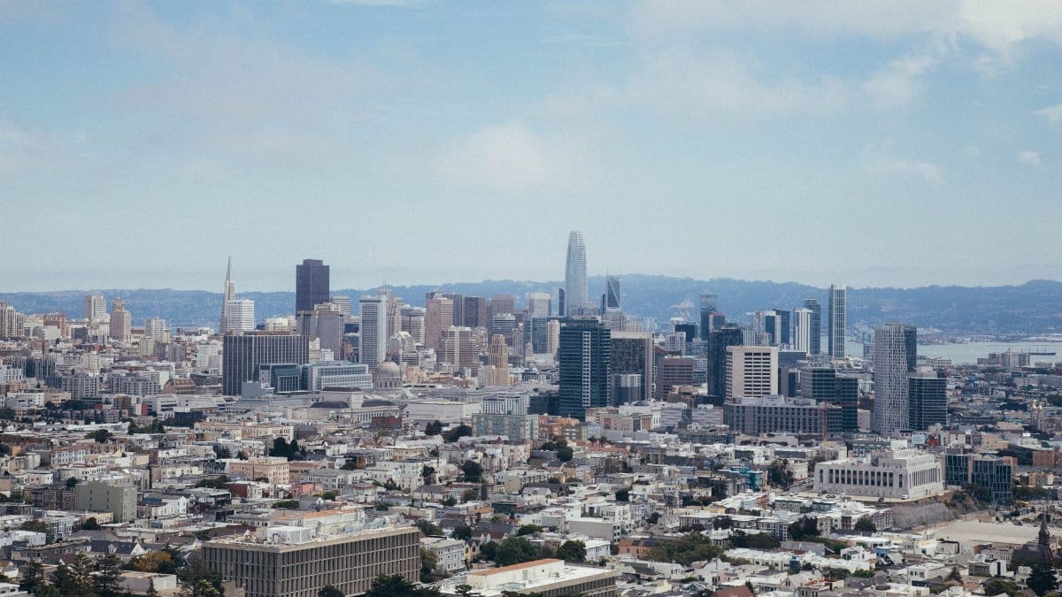A stunning view of San Francisco's skyline showcasing famous landmarks under a clear blue sky.