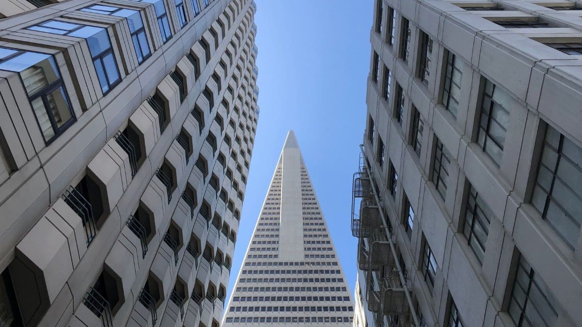Worm's-eye view of the iconic Transamerica Pyramid in San Francisco.