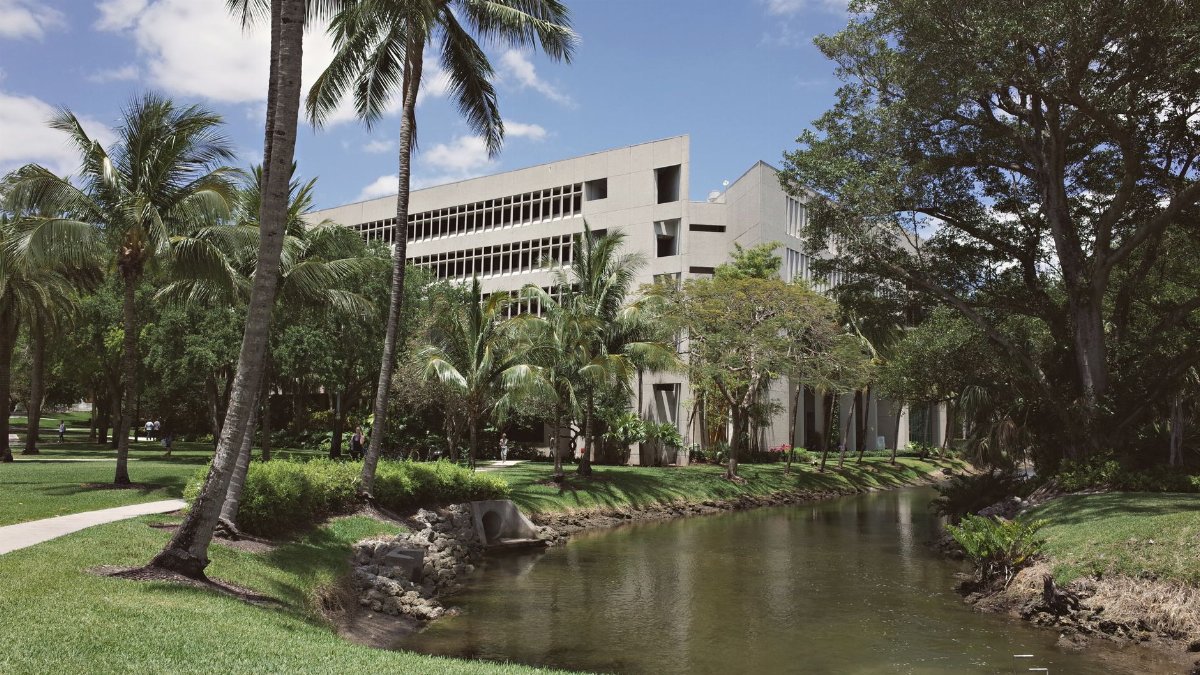 Lush university campus in Coral Gables, Florida with a scenic canal and palm trees.