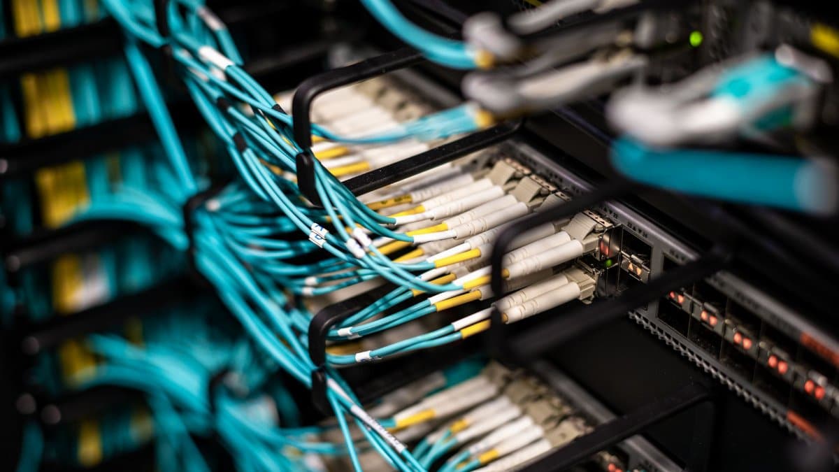 Numerous wires and cables mounted into server patch panel in modern data center