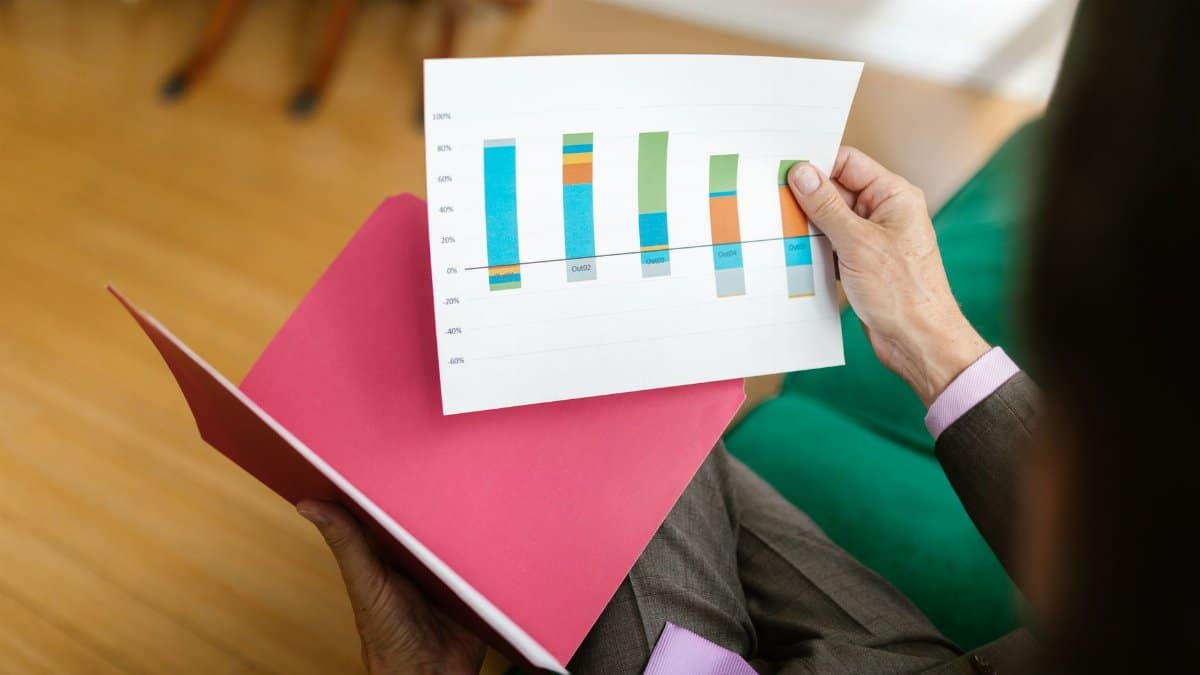 Close-up of a person analyzing a printed business report featuring a colorful bar graph.