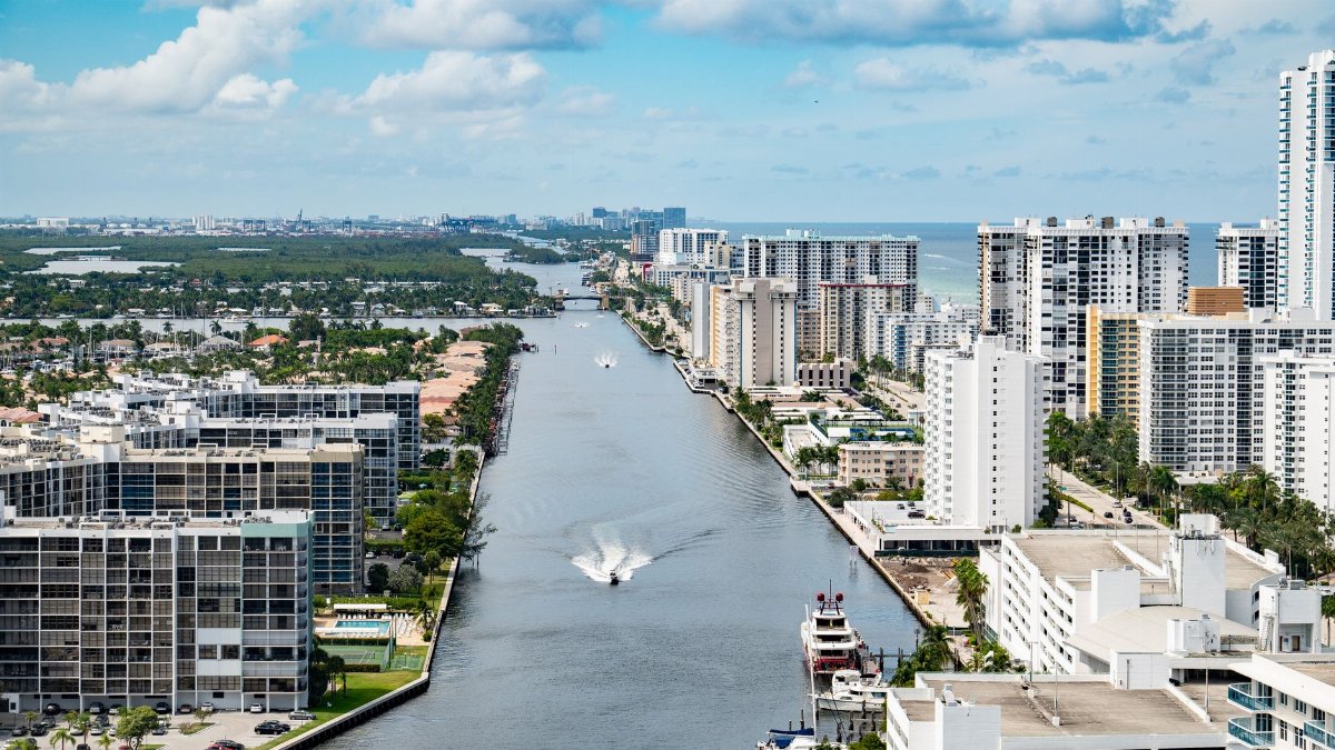 Stunning aerial view of Hollywood, Florida's coastal cityscape with high-rise buildings and a serene waterway.