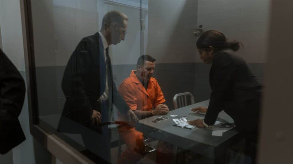 A tense interrogation in progress with a handcuffed inmate and two officers in a prison room.