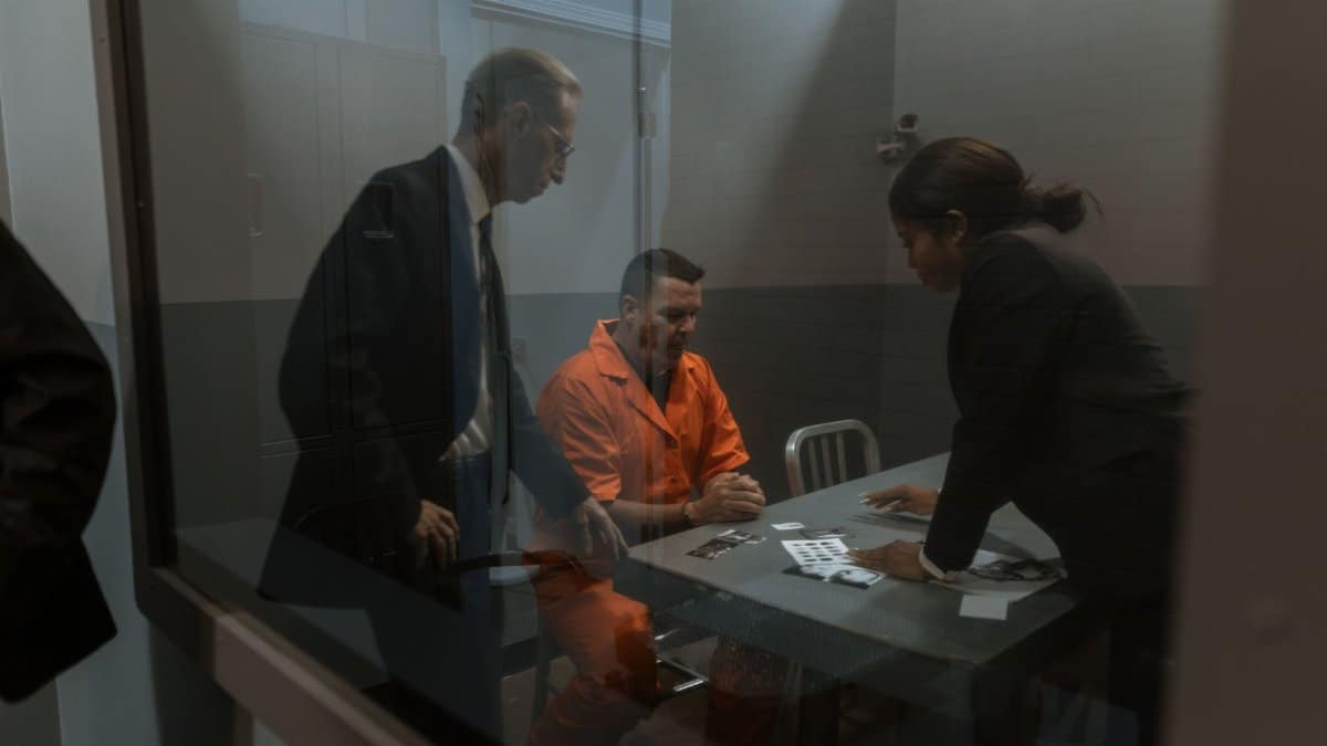 A tense interrogation in progress with a handcuffed inmate and two officers in a prison room.