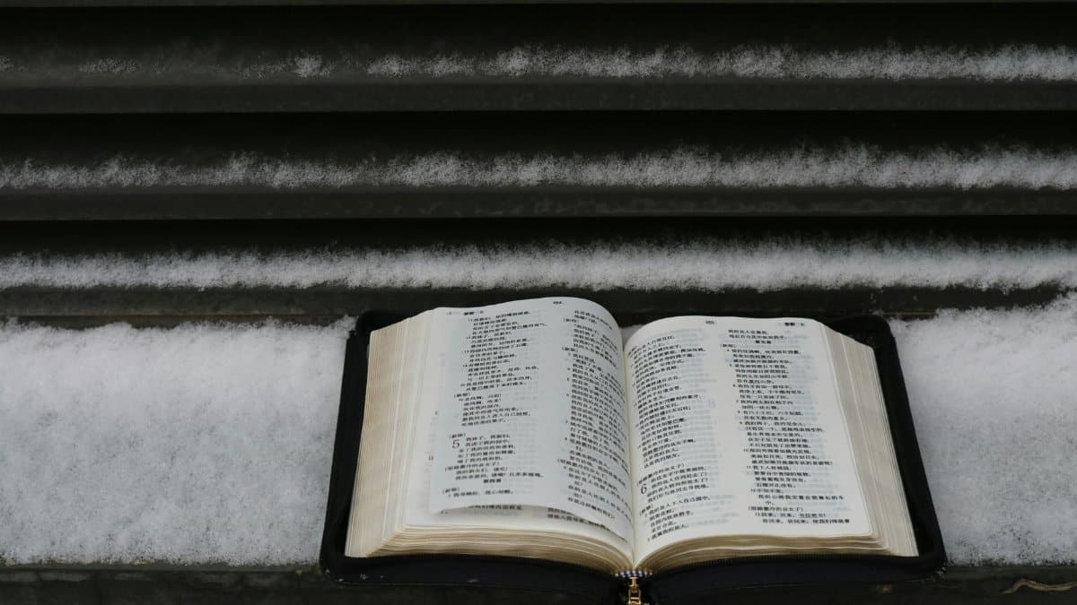 An open book with Chinese text rests on a snowy surface, capturing a serene winter atmosphere.