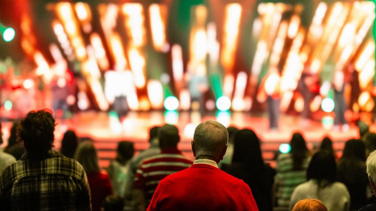 A diverse crowd watches a colorful stage performance in a lively concert atmosphere.