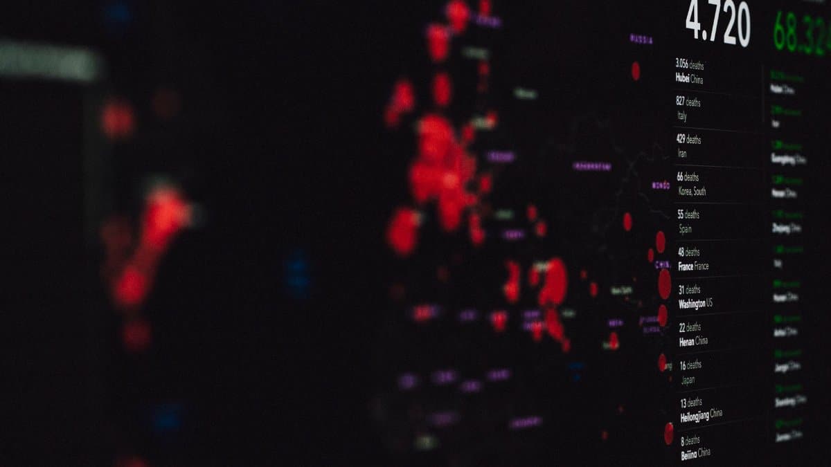 Data visualization screen showing COVID-19 pandemic statistics and geographic spread.