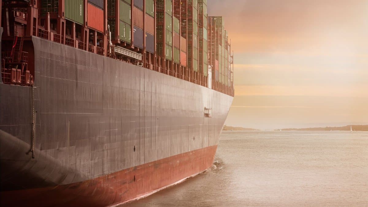 A colossal cargo ship loaded with containers navigates through calm waters against a vibrant sunset sky.