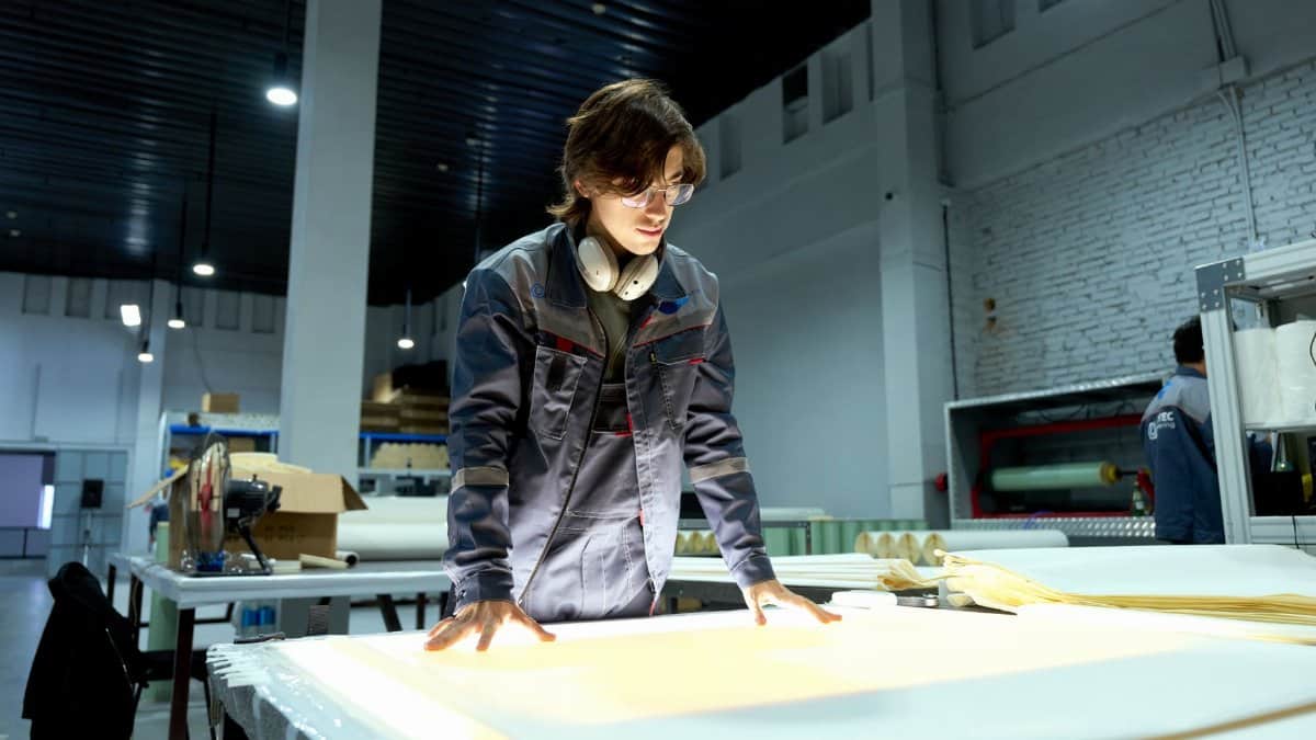 Industrial worker analyzing designs under a bright light in a modern factory environment.