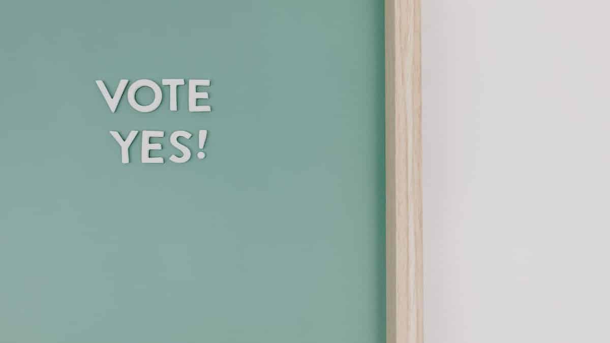 Close-up of a chalkboard with 'Vote Yes!' text, offering copy space.