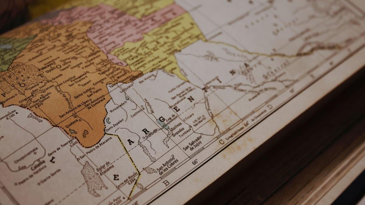 Close-up of a vintage map showing Argentina and parts of South America with detailed geography.