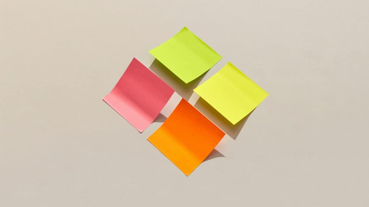 Four colorful sticky notes arranged on a neutral background, showcasing organization and creativity.