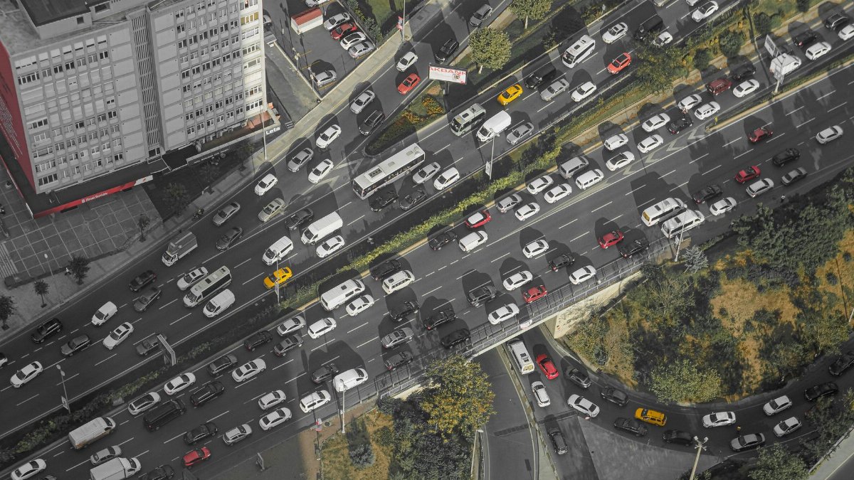 Aerial shot of traffic congestion on a busy urban highway in Istanbul, Turkey.