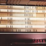 A brightly illuminated menu board showcasing various food and drink options with prices in a lively indoor setting.