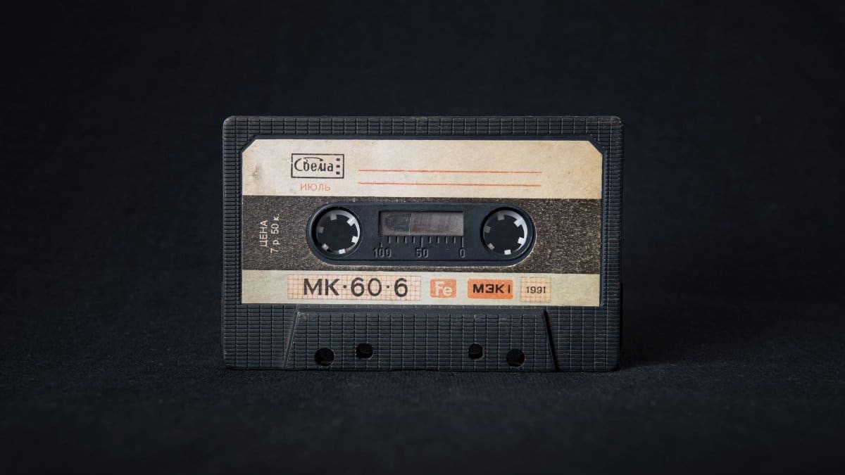 Close-up of a classic 1991 cassette tape symbolizing music nostalgia and retro style.