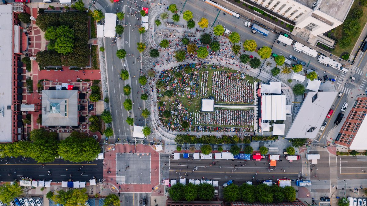 Aerial shot of a large outdoor event at a park in Chattanooga, Tennessee.
