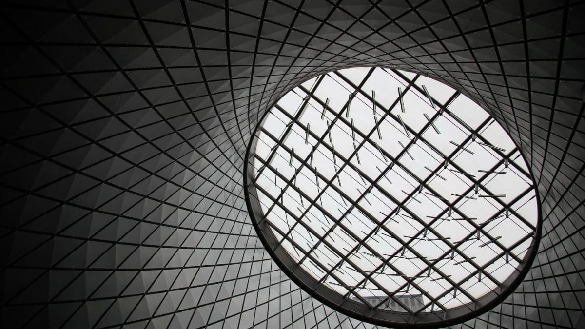 Captivating view of the geometric skylight at Fulton Center Station, New York City.