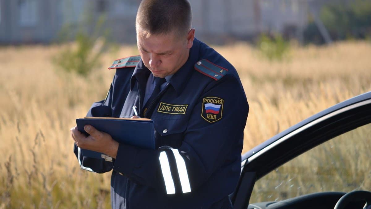 Police officer in uniform taking notes beside a car in a field.