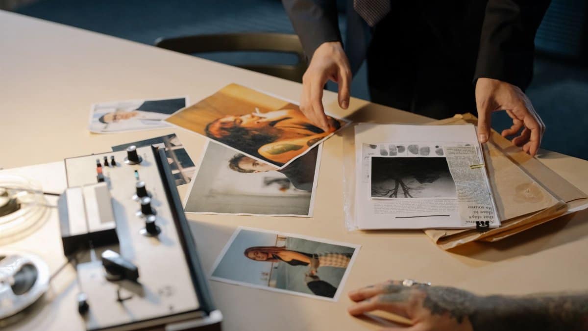 A detective examines evidence and photos during an investigation.