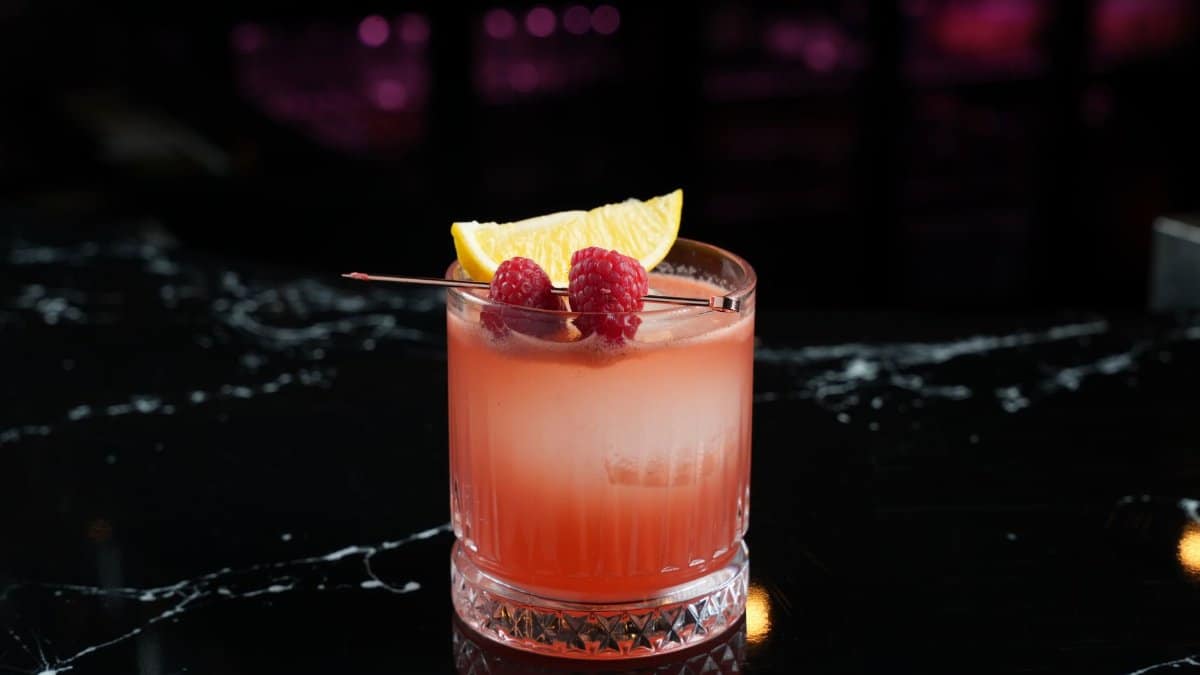 Vibrant raspberry cocktail garnished with lemon slice on a bar counter, perfect for a refreshing drink.
