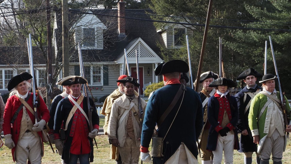 Actors portraying Revolutionary War soldiers in Washington Crossing, PA reenactment.