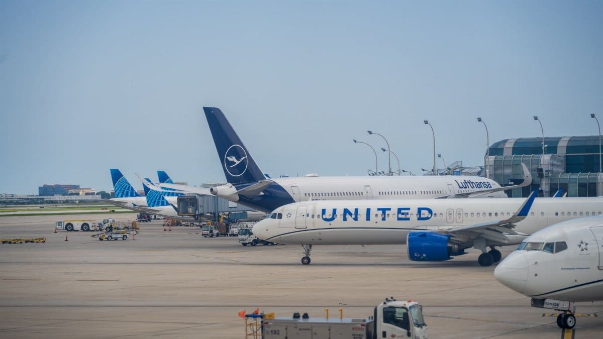 A view of diverse airplanes alongside a busy airport terminal and runway.