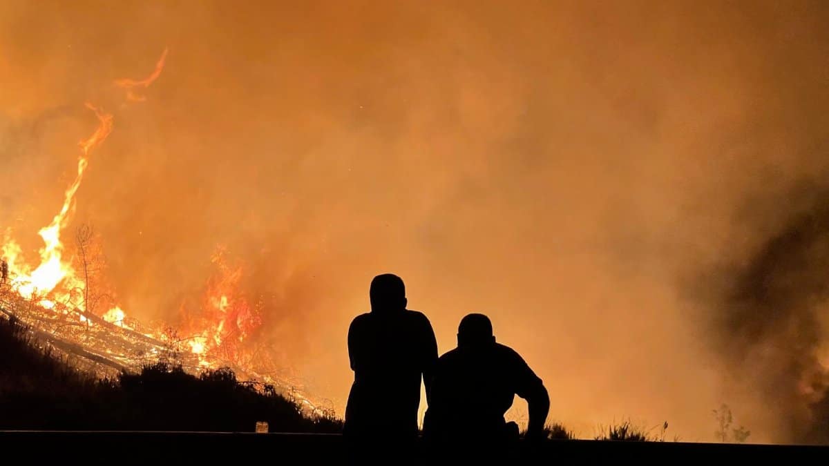 Two people silhouetted in front of a large forest fire with intense flames and smoke.