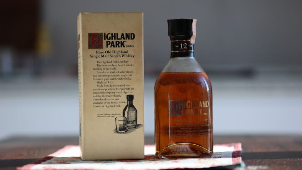 Highland Park 12-Year-Old Rare Single Malt Whisky bottle and packaging.
