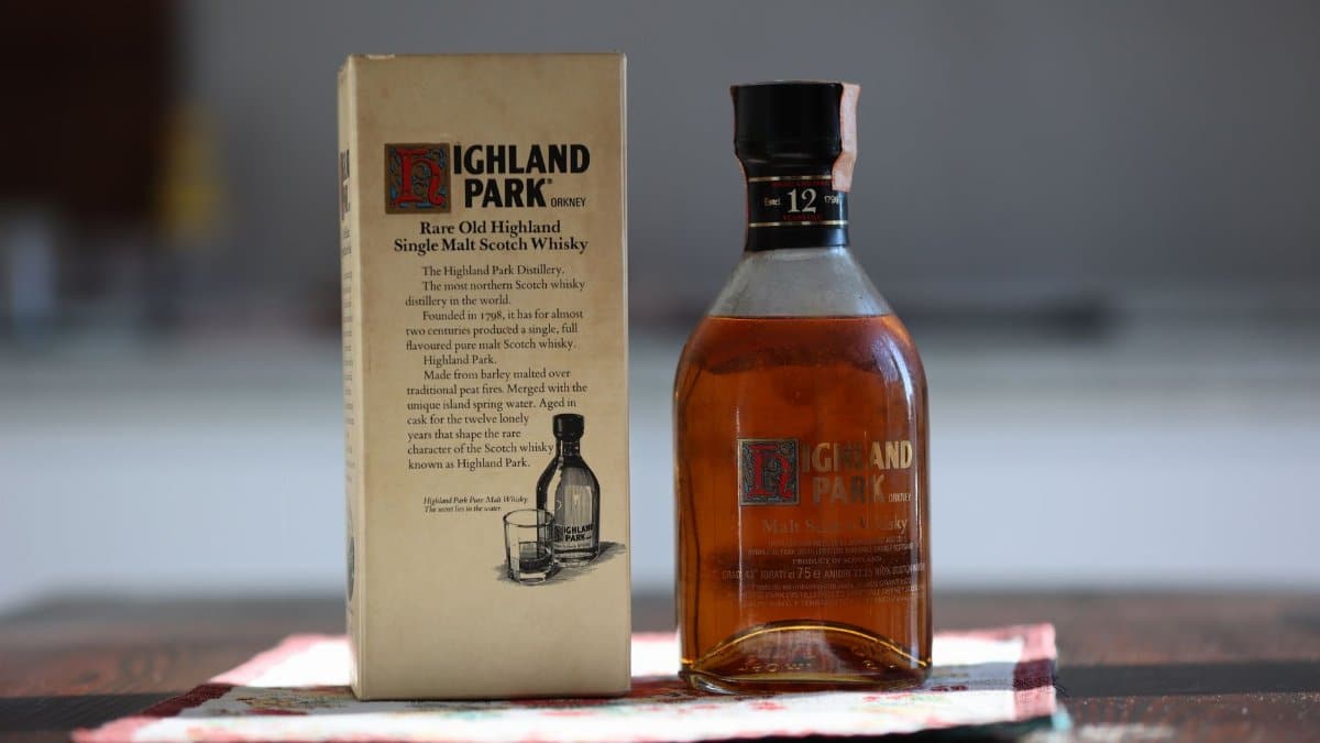 Highland Park 12-Year-Old Rare Single Malt Whisky bottle and packaging.