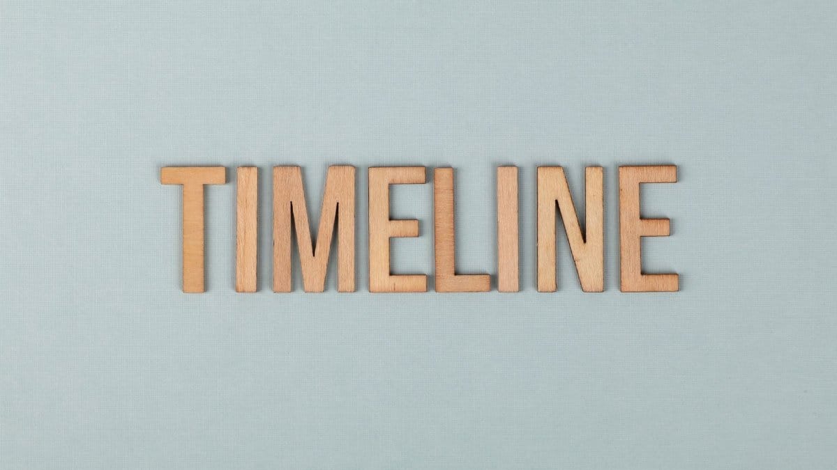 Wooden letters forming the word timeline on a light blue background, perfect for presentations.