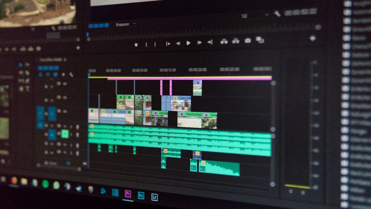 Close-up of a video editing timeline interface on a computer screen, showcasing professional software in action.