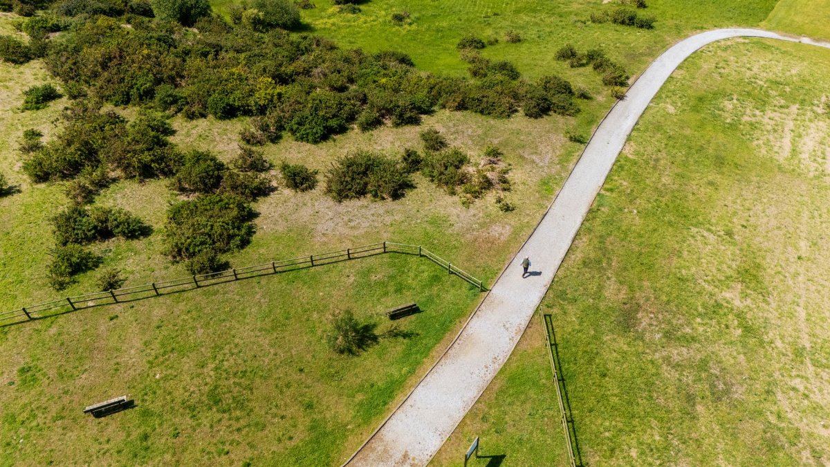 Aerial perspective of a lone figure walking on a rural pathway surrounded by lush greenery.