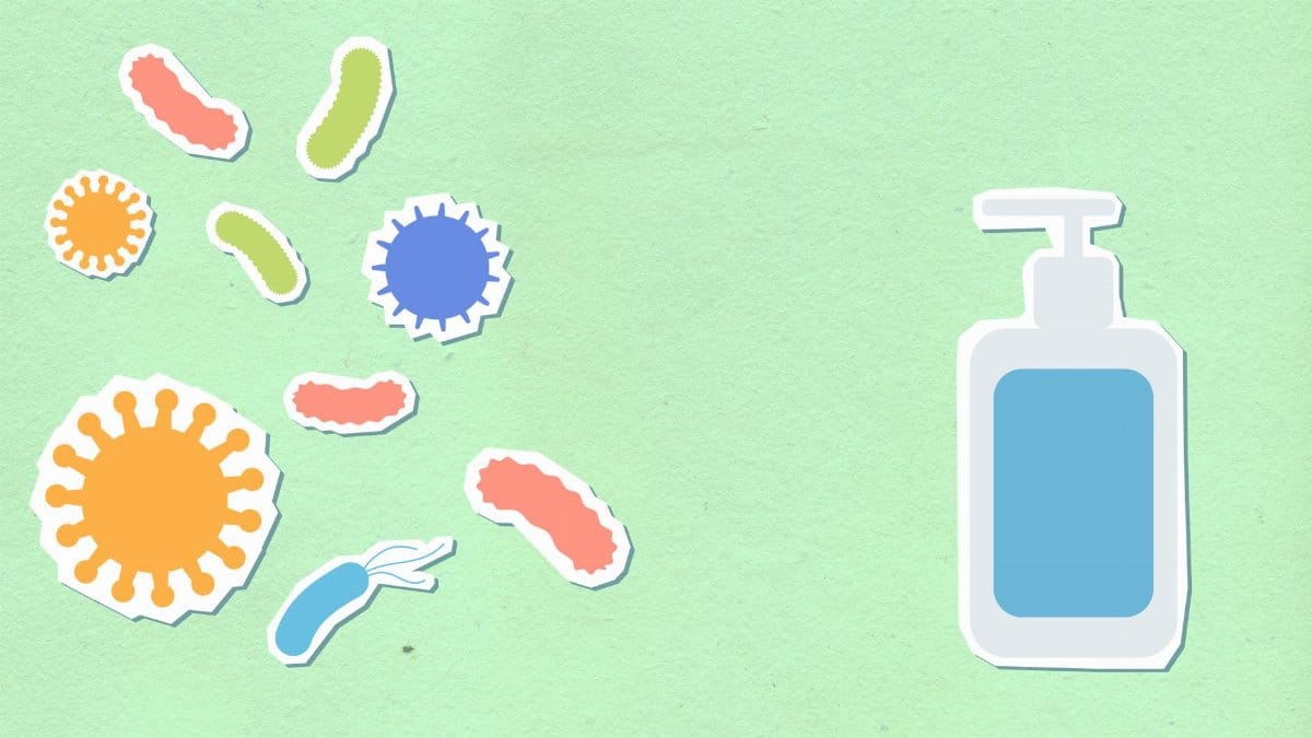 Colorful illustration of germs and a sanitizer bottle on a green background, symbolizing hygiene.