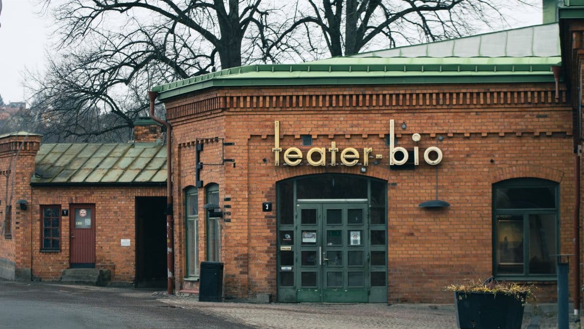 A vintage brick theater building in Jönköping, Sweden, showcasing classic architectural design