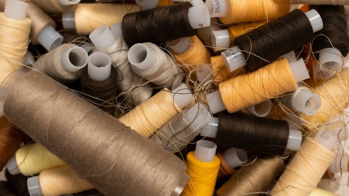 A vibrant collection of threads showcasing a range of colors for sewing and crafting projects.
