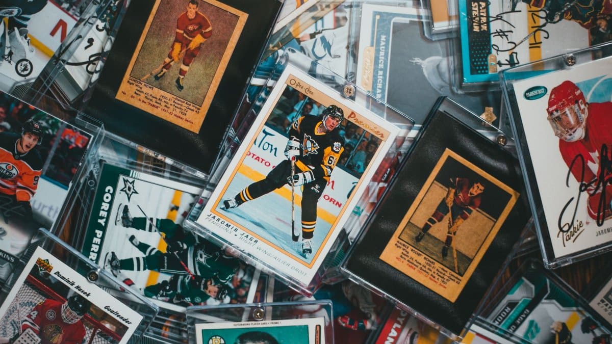 A close-up view of assorted vintage and modern hockey trading cards.