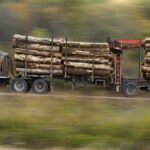 A logging truck transports timber swiftly along a rural highway.