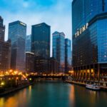 Captivating cityscape of Chicago's skyline with the iconic Trump Tower at dusk, reflecting vibrant urban life.