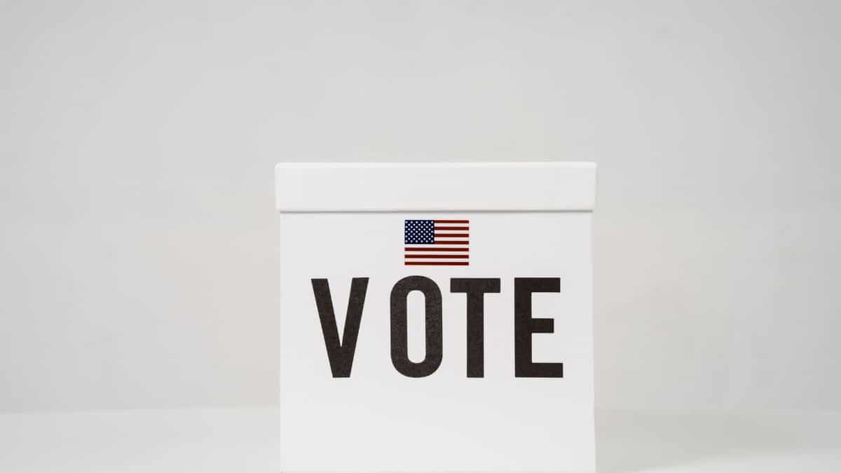 A minimalist ballot box with 'Vote' and an American flag, symbolizing elections.