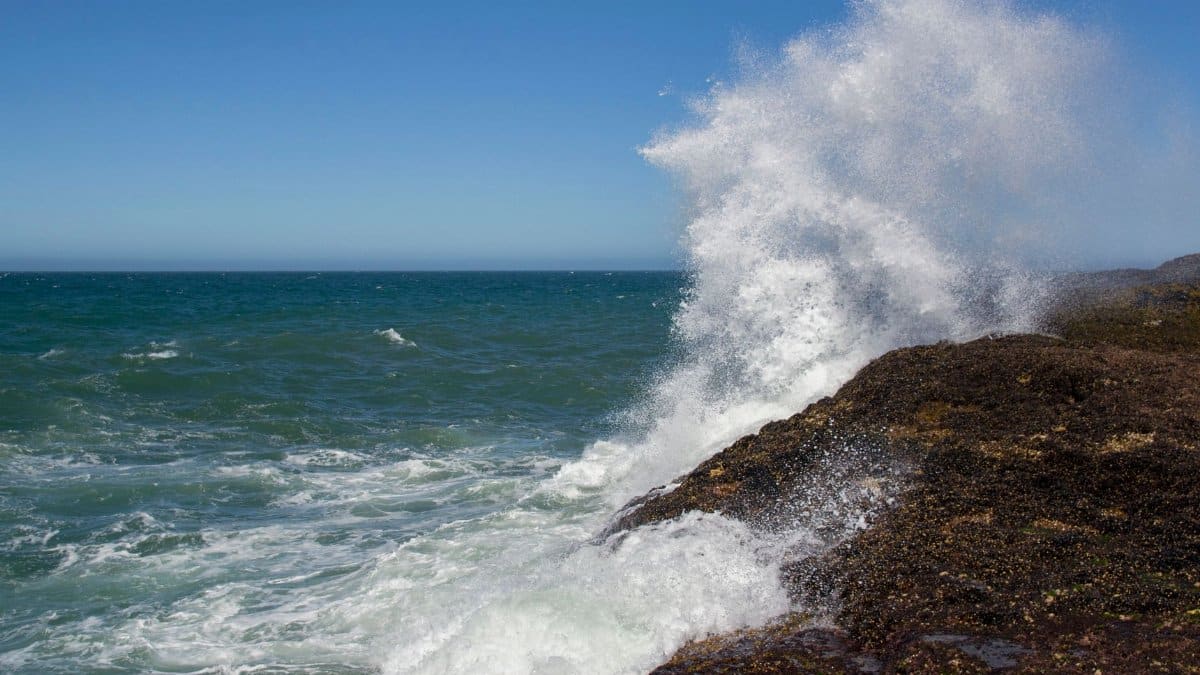 Vivid ocean waves crash against rocky shore in Santa Cruz, Argentina. Perfect for nature and travel imagery.