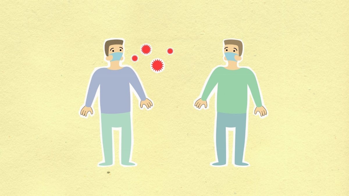 Paper cutout of men in protective masks surrounded with contagious viruses keeping social distancing on yellow background during coronavirus epidemic
