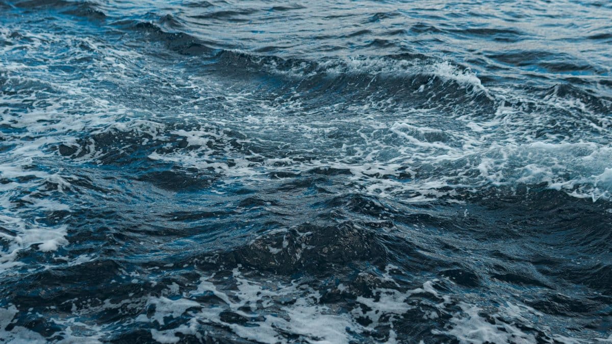 Close-up shot of swirling ocean waves and white foam, showing natural movement.