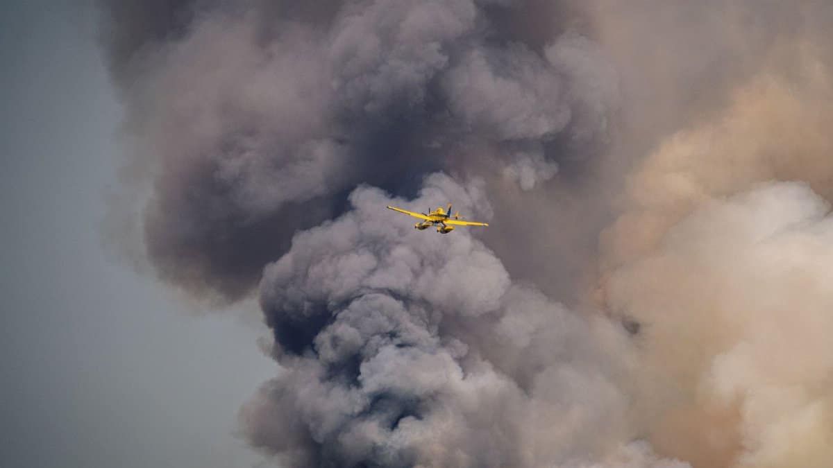 Dramatic scene of a yellow airplane flying through dense smoke, possibly from a wildfire.