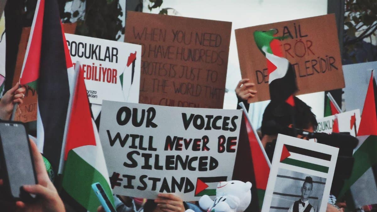 Protestors holding signs and Palestinian flags in a demonstration, advocating for their cause.
