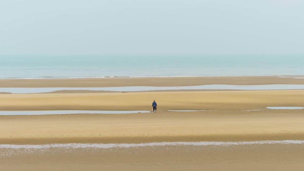 Single person walking along a tranquil sandy beach with coastal puddles.